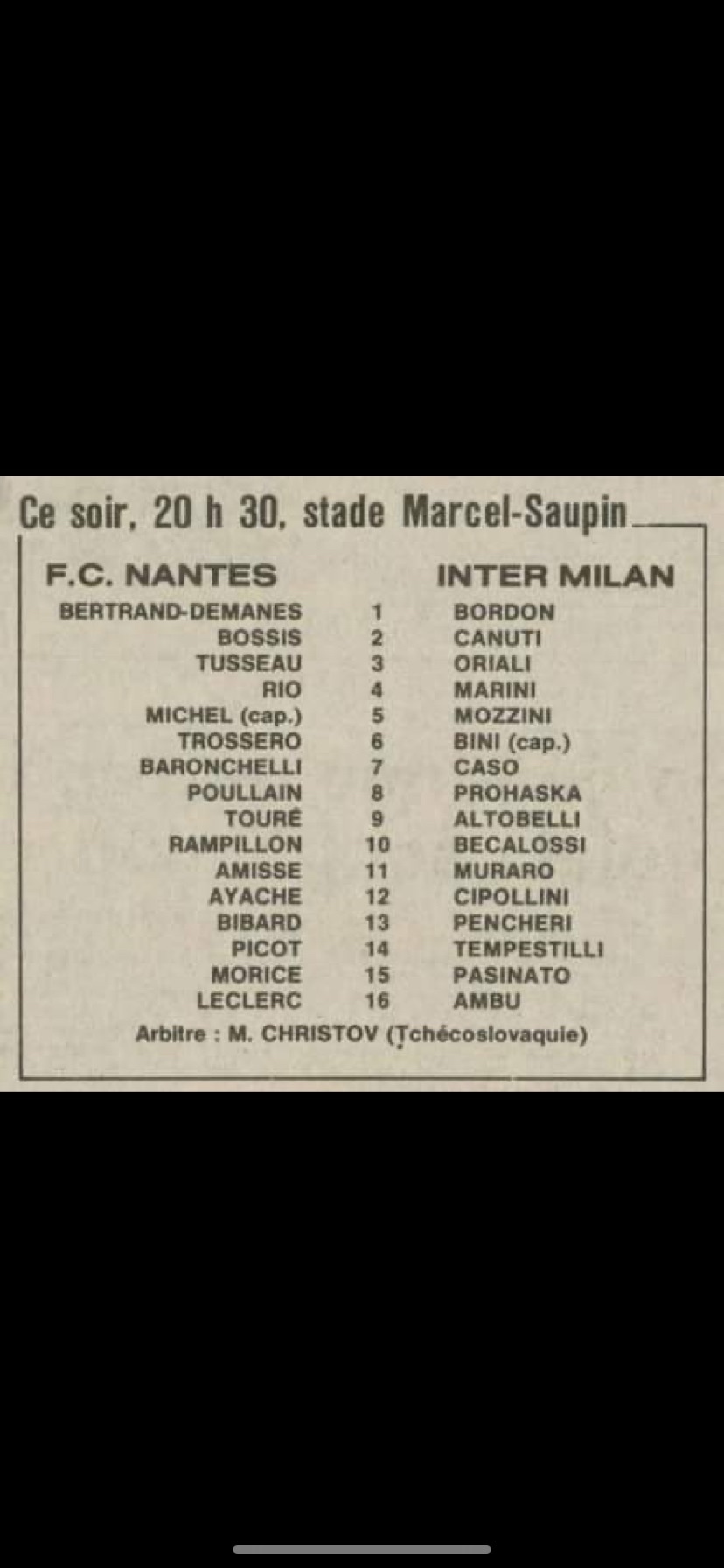 Nantes Inter 1981 Feuille de match
